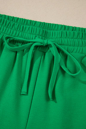 Bright Green Two Tone Contrast Trim Textured Tee and Shorts Set