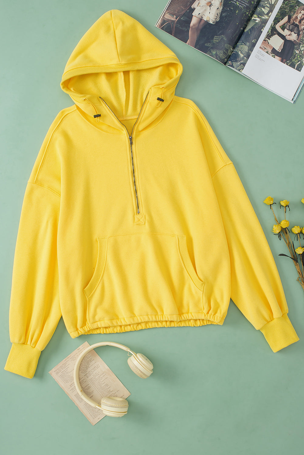 Yellow Solid Color Half Zip Pullover Hoodie with Kangaroo Pocket