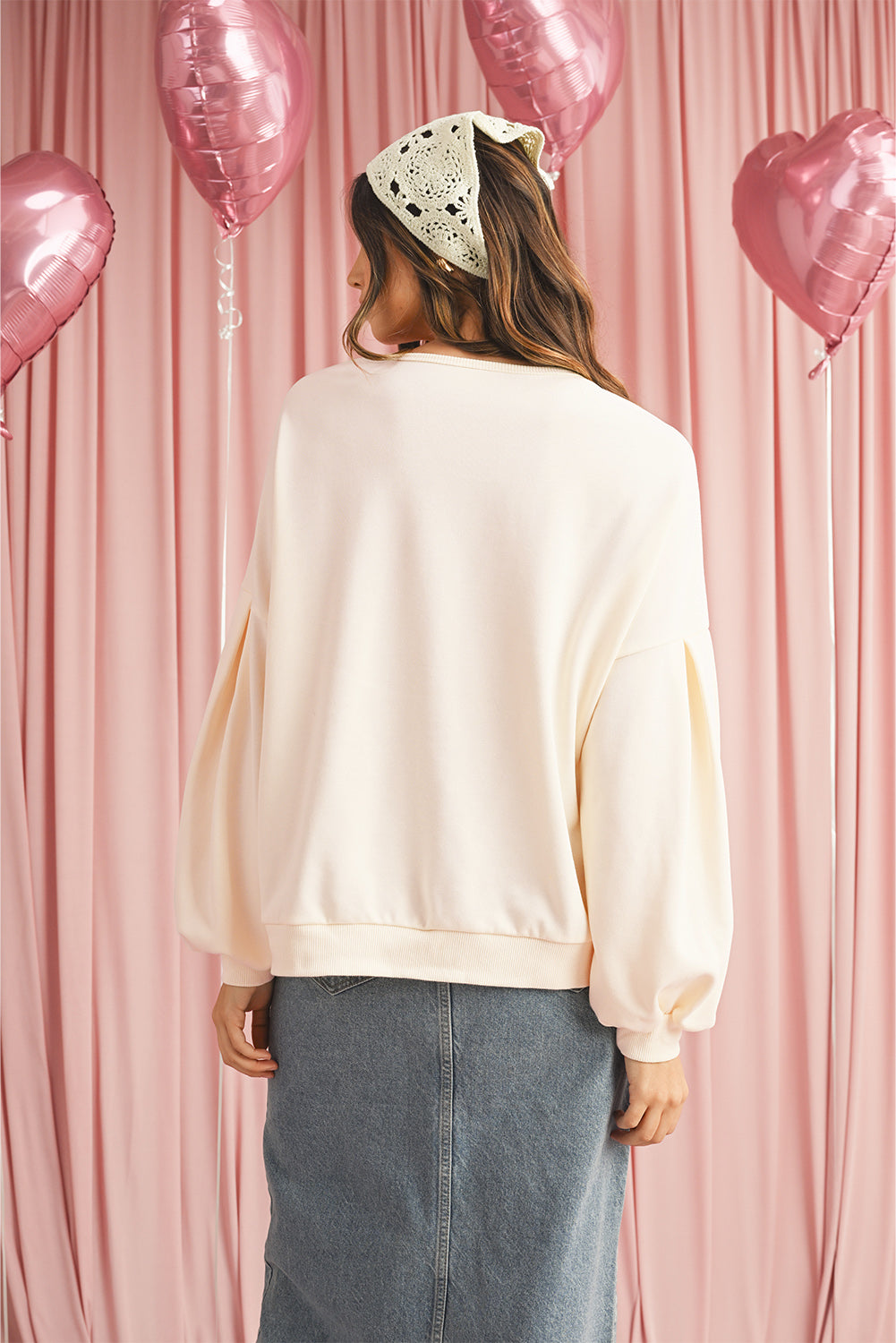 Beige Cute Tinsel Flower Puff Sleeve Sweatshirt-True and Wild