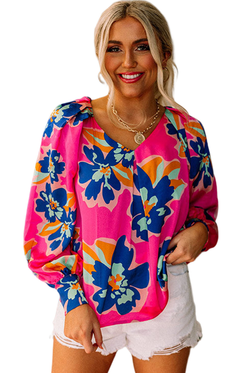 Rose Floral Print V Neck Puff Sleeve Blouse-True and Wild