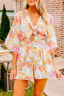 Orange Floral Print Front Tie V Neck Romper