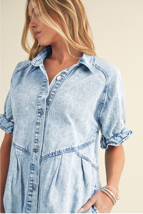 Blue Mineral Washed Ruffled Short Sleeve Pocketed Denim Dress-True and Wild