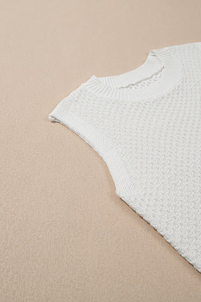 White Solid Color Eyelet Knit Crew Neck Vest