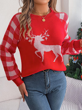 Reindeer Plaid Round Neck Long Sleeve Sweater-True and Wild