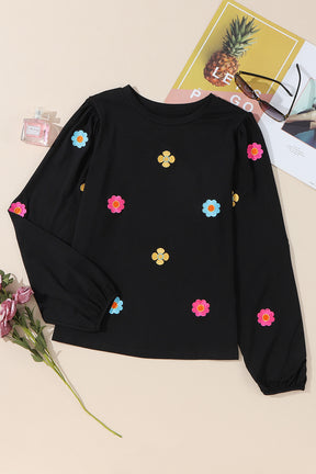 Flower Round Neck Long Sleeve Sweater-True and Wild