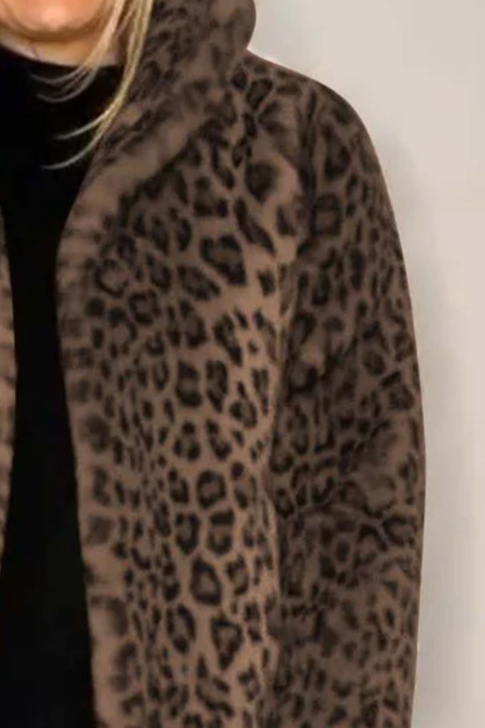 Full Size Leopard Furry Collared Neck Long Sleeve Coat-True and Wild