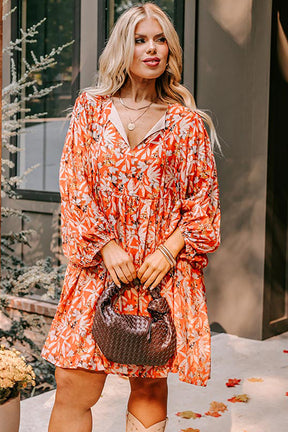 Orange Floral Print Split V Neck Bubble Sleeve Plus Size Midi Dress-True and Wild