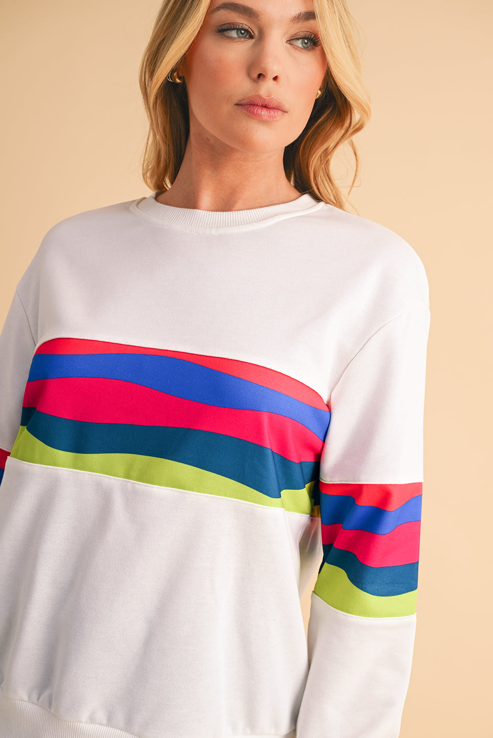 Green Colorful Striped Round Neck Long Sleeve Top