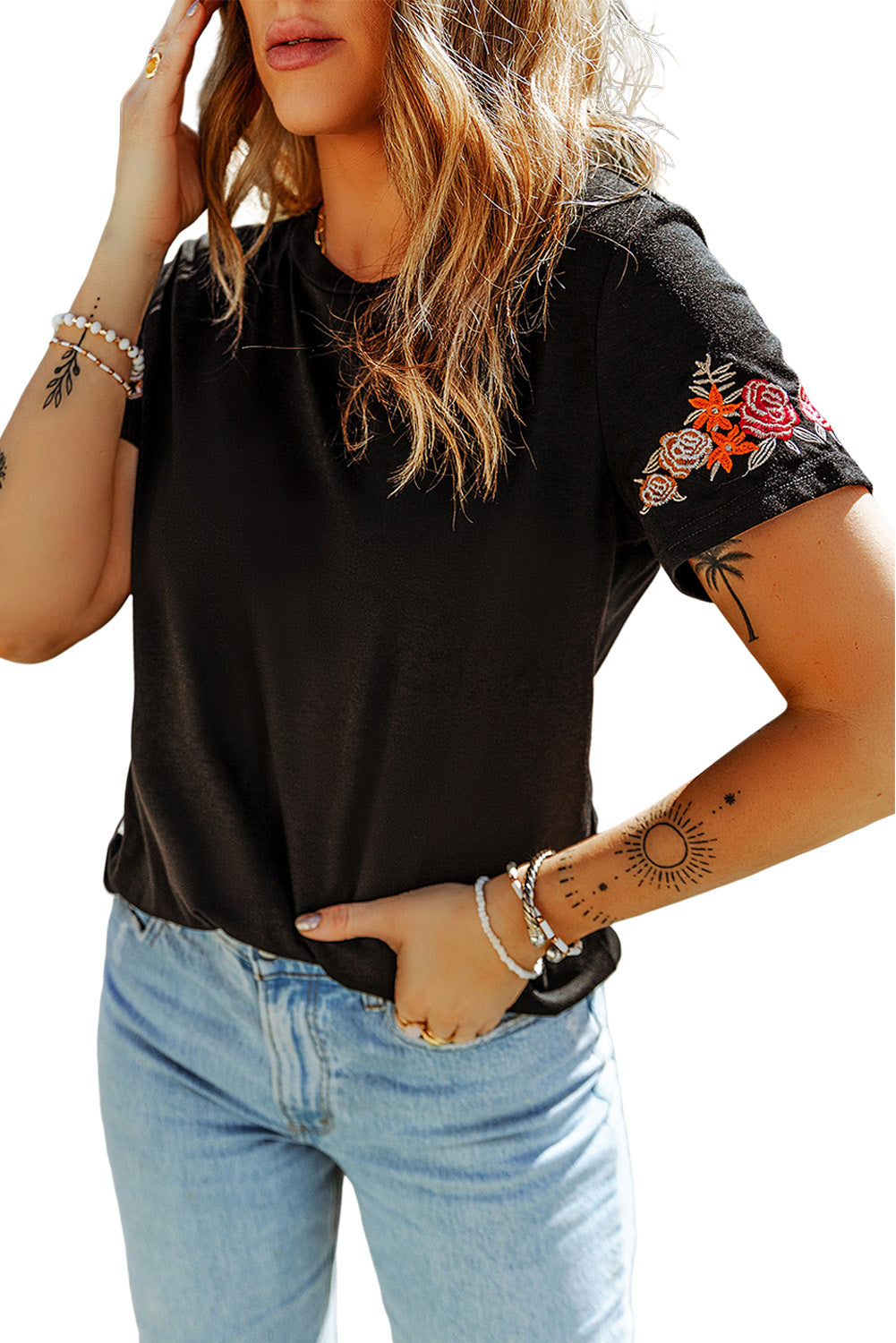 Black Casual Floral Embroidered Round Neck T Shirt-True and Wild