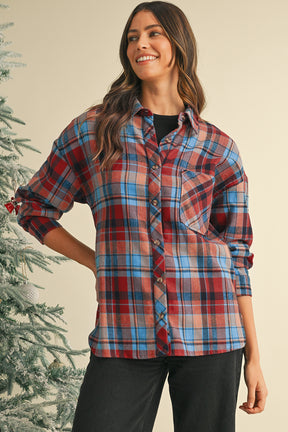 Red Plaid Print Drop Sleeve Loose Shirt-True and Wild