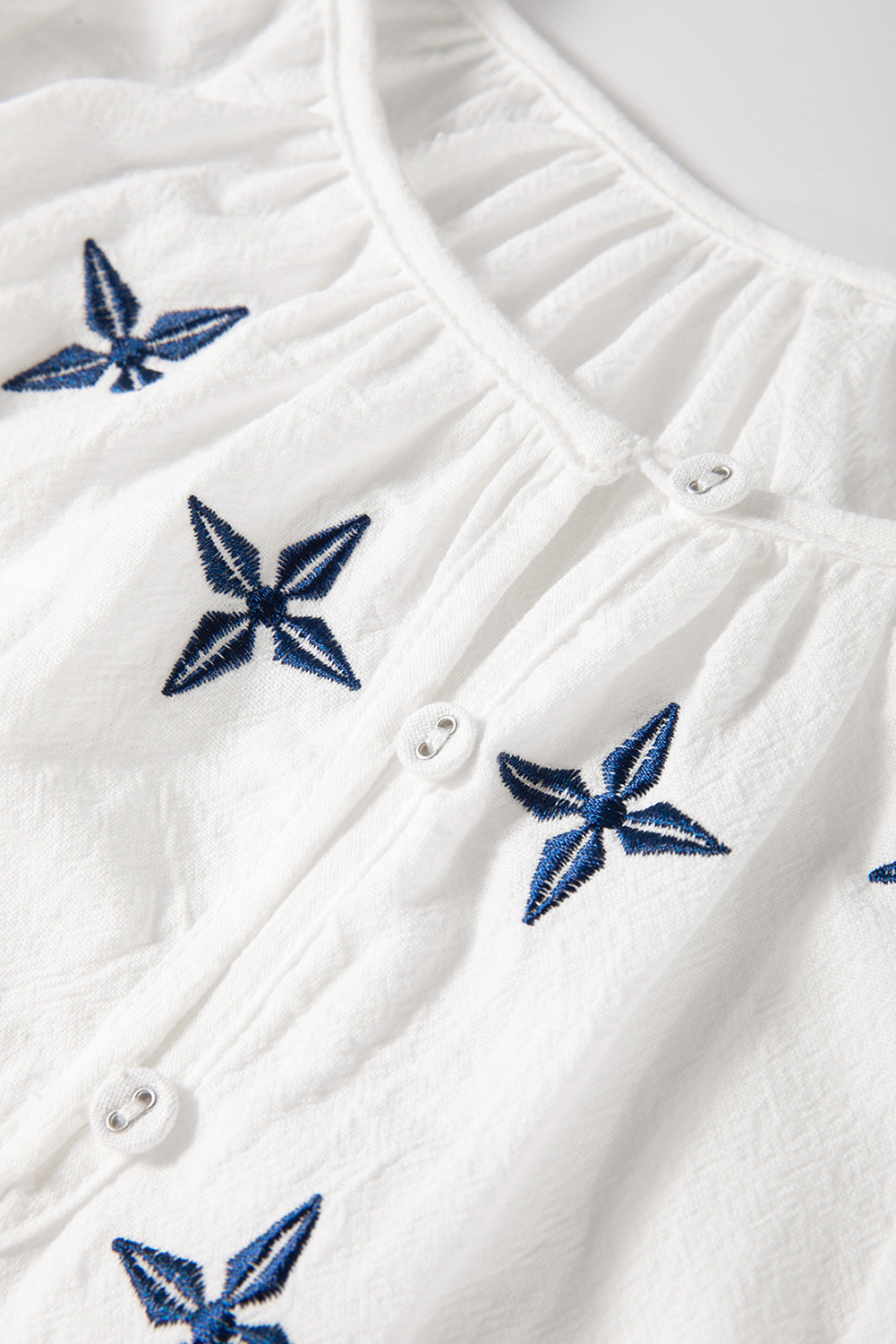 White Geometric Embroidered Crinkle Button Blouse