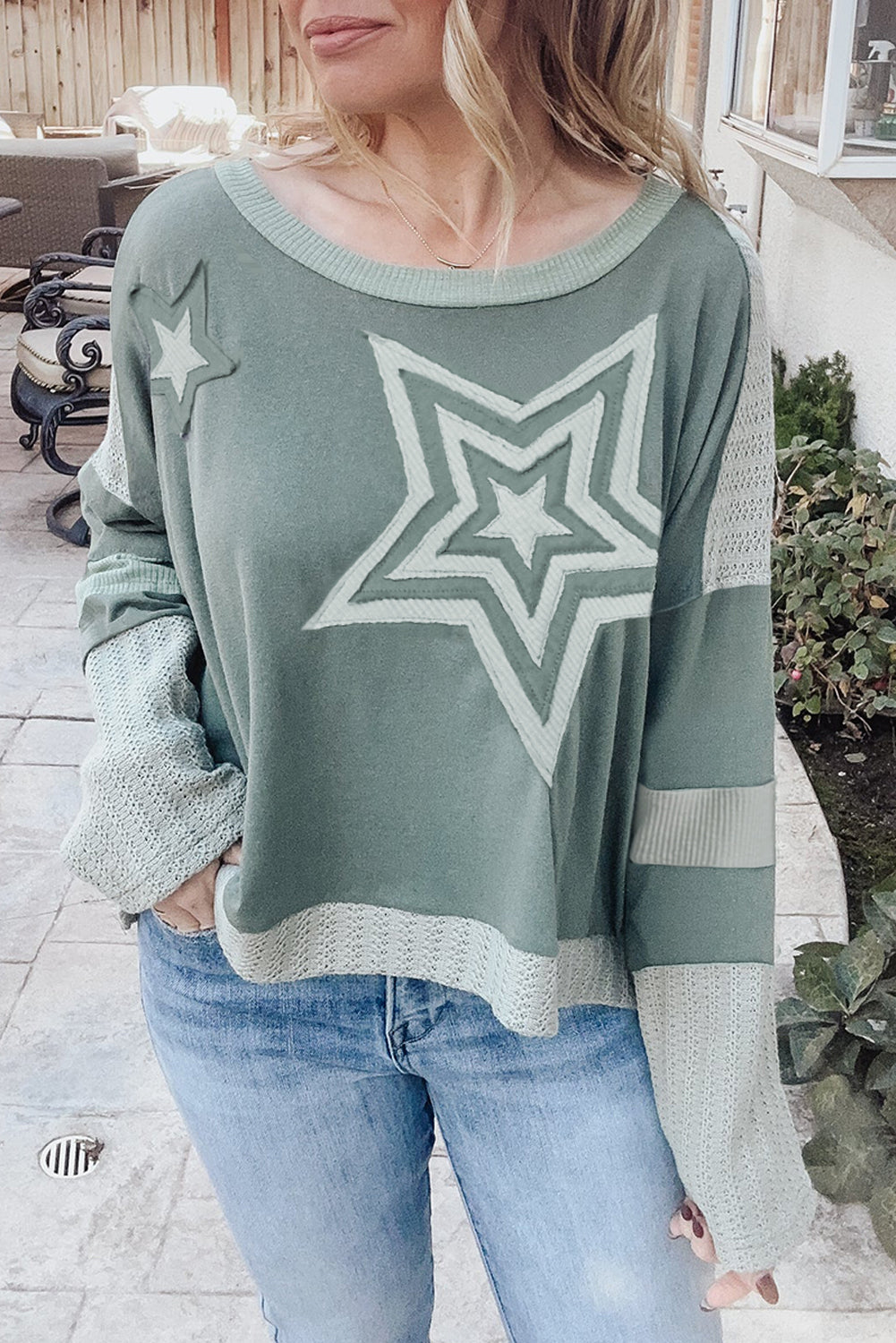 Mist Green Stars Patchwork Round Neck Plus Size Top-True and Wild