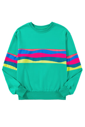 Green Colorful Striped Round Neck Long Sleeve Top