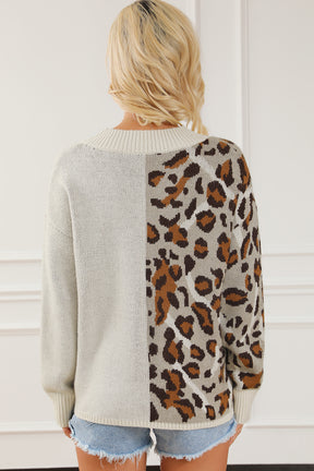 Leopard V Neck Drop Shoulder Sweater-True and Wild