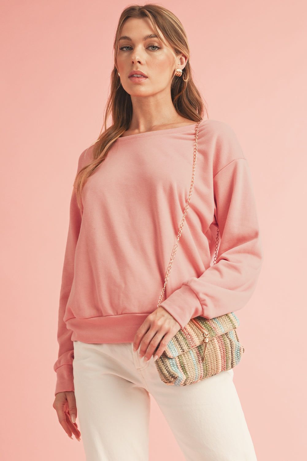 Apricot Bowknot Plain Round Neck Sweatshirt-True and Wild