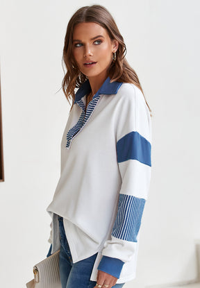 Color Block Johnny Collar Long Sleeve Sweatshirt-True and Wild