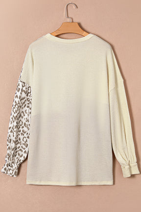 Khaki Ribbed Color Block Leopard Splicing Plus Size Top-True and Wild