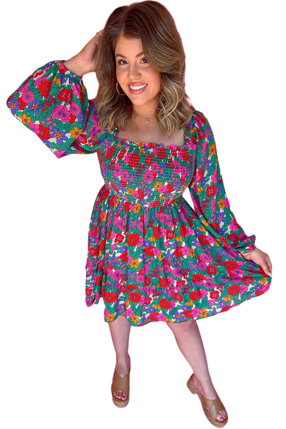 Plus Size Frill Square Neck Floral Shirred Mini Dress