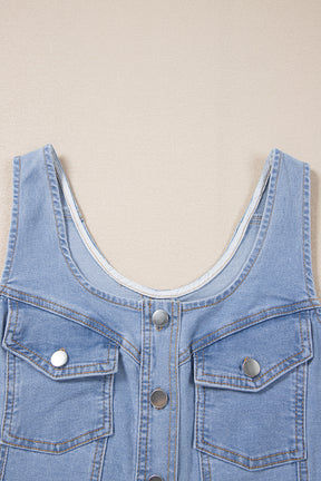 Beau Blue Light Wash Denim Buttoned Front Chest Pockets Sleeveless Slim Mini Dress