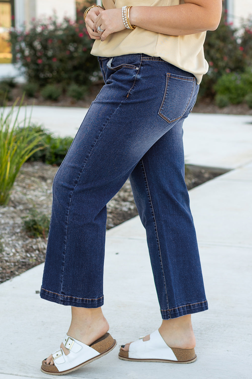 Navy Blue Plus Size Seamed Wide Leg High Waist Jeans-True and Wild