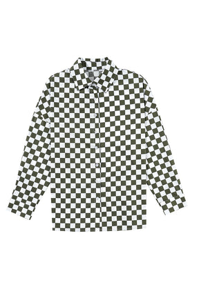 Green Checkerboard Print Drop Shoulder Loose Blouse-True and Wild