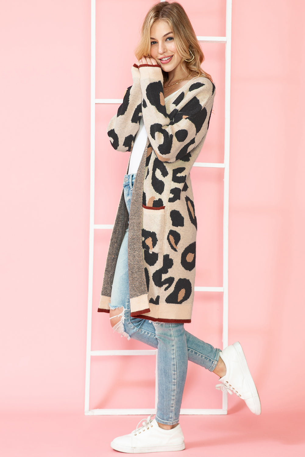 Leopard Print Open Front Pockets Midi Cardigan-True and Wild