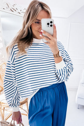 Blue Stripe Drop Shoulder Crew Neck Loose Sweatshirt-True and Wild