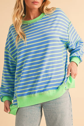 Pink Stripe Contrast Trim High Low Tunic Sweatshirt-True and Wild