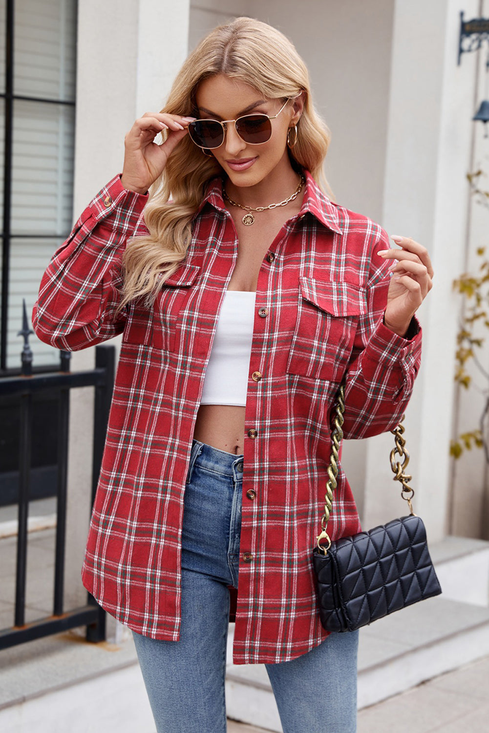 Green Plaid Chest Pocket Button Front Shirt-True and Wild