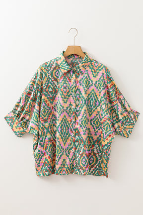 Dark Green Geometric Print Button Up Shirt-True and Wild