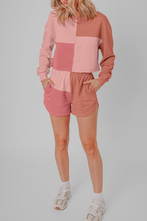 Peach Blossom Colorblock Long Sleeve Top & Pocketed Shorts Set-True and Wild