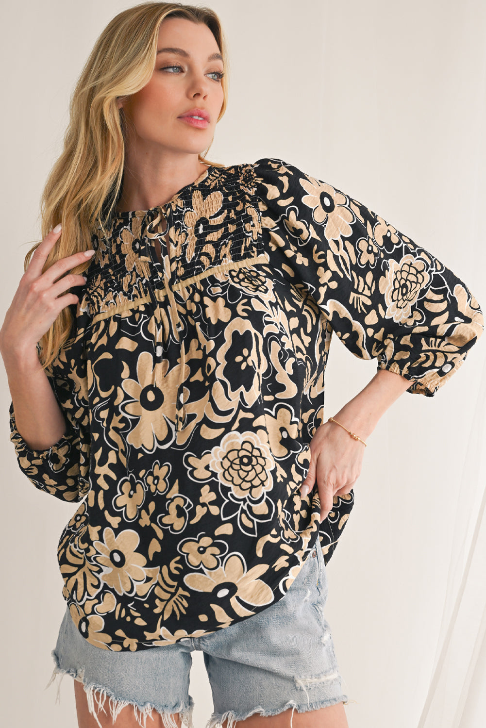 Black Boho Floral Smocked V Neck Bracelet Sleeve Blouse-True and Wild