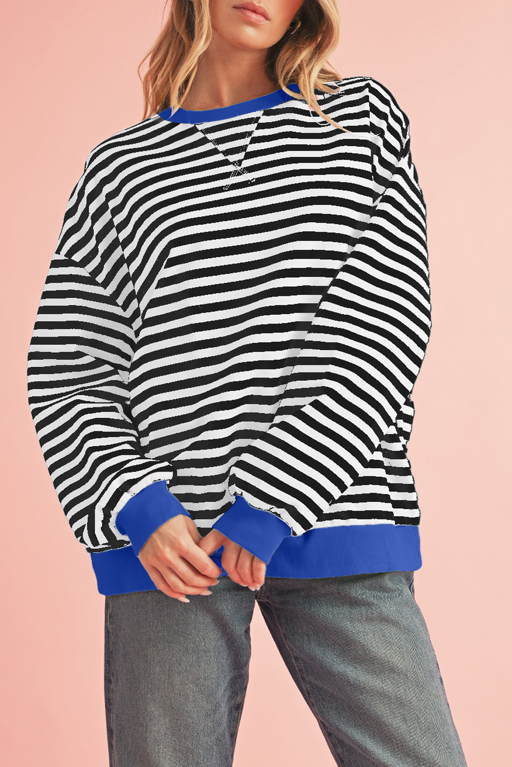 Black Stripe Contrast Edge Cross Seam Oversized Sweatshirt-True and Wild