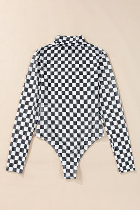 Brown Checkered Print Long Sleeve Mock Neck Bodysuit-True and Wild