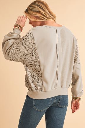 Parchment Crochet Patchwork Exposed Seam Ribbed Trim Sweatshirt-True and Wild