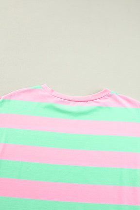 Pink Stripe Colorblock Cuffed Sleeve Loose Tee-True and Wild