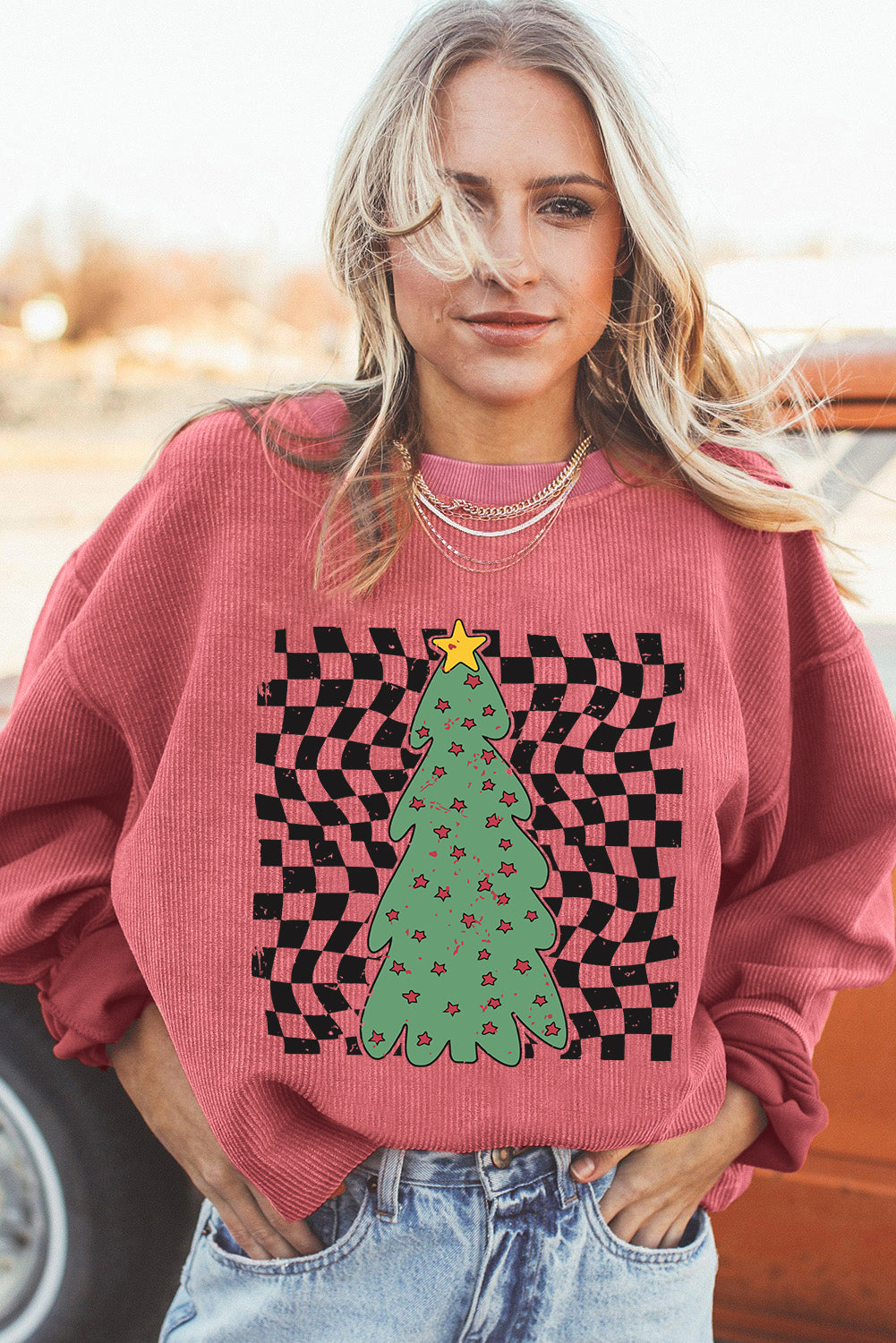 Strawberry Pink Christmas Tree Checkered Print Graphic Corded Sweatshirt