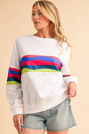 Green Colorful Striped Round Neck Long Sleeve Top