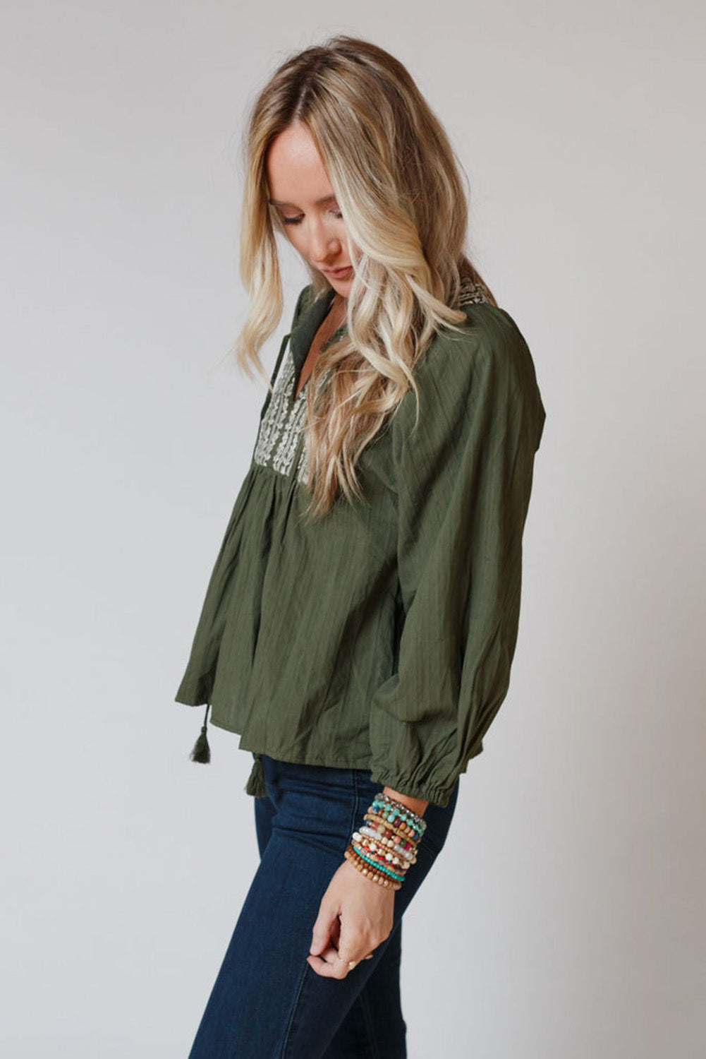 Green Embroidered Split Neck Pleated Loose Blouse-True and Wild