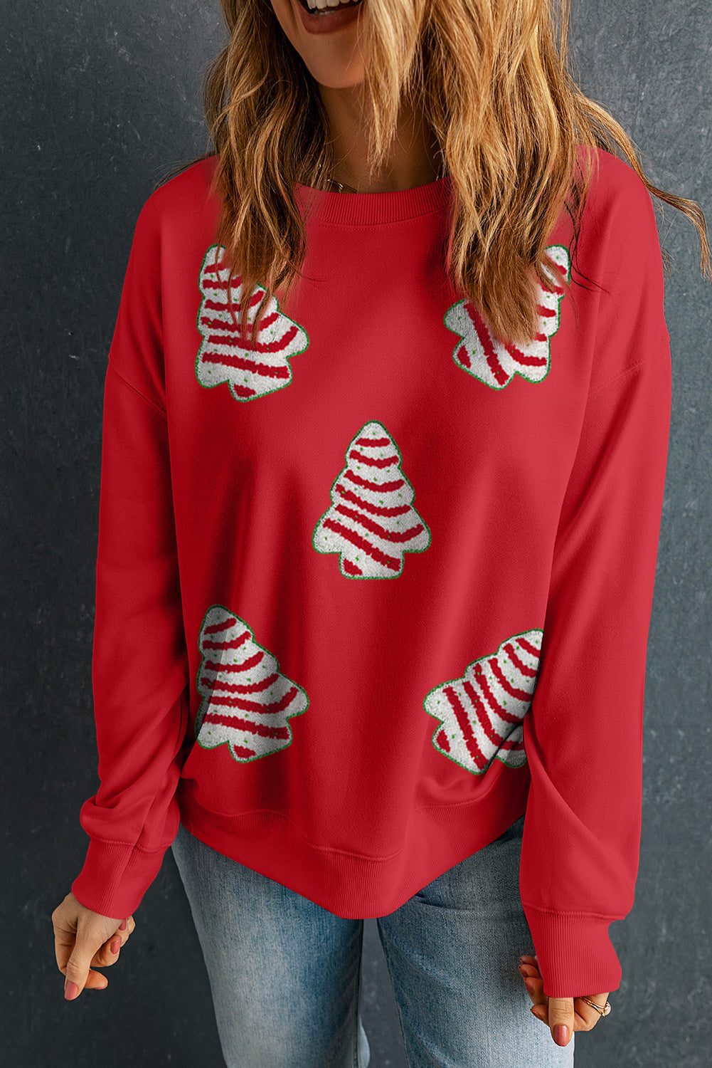 Red Playful Christmas Tree Patched Dropped Shoulder Sweatshirt-True and Wild