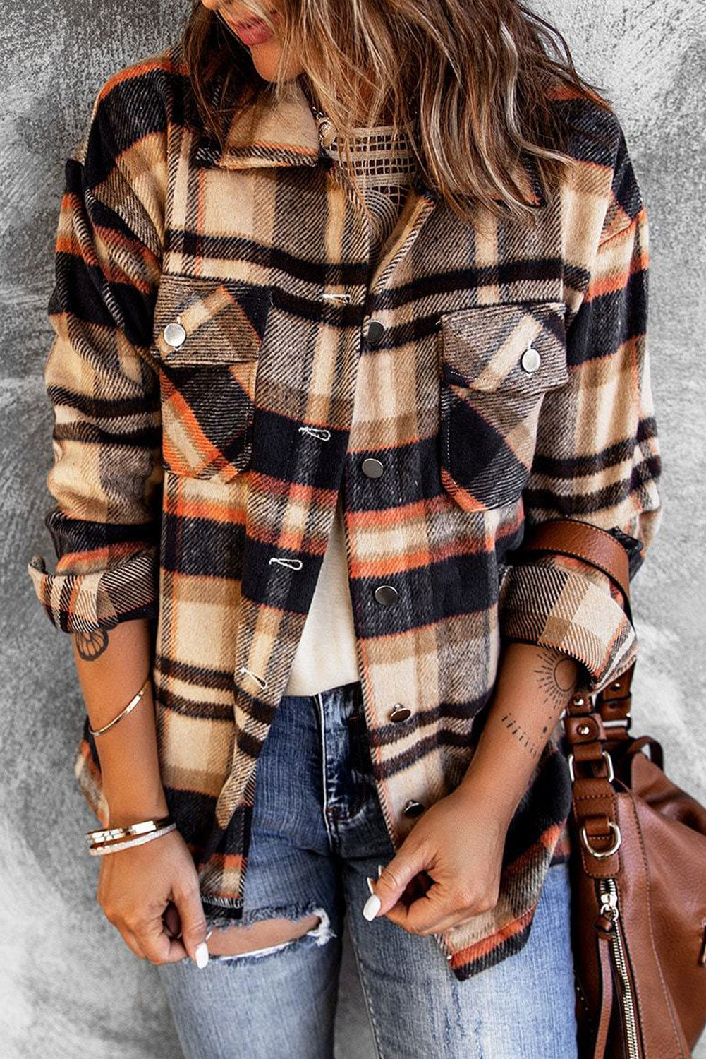 Khaki Plaid Print Casual Button Up Pocket Shacket-True and Wild