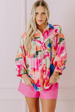 Rose Abstract Print Ruffled Puff Sleeve Shirt-True and Wild