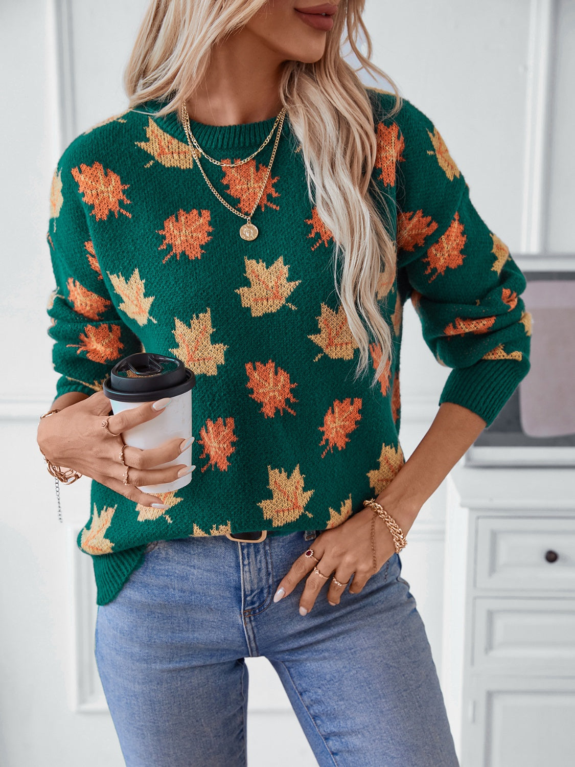 Maple Leaf Round Neck Long Sleeve Sweater-True and Wild