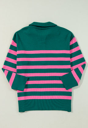 Contrast Striped Quarter Zip Long Sleeve Sweater-True and Wild