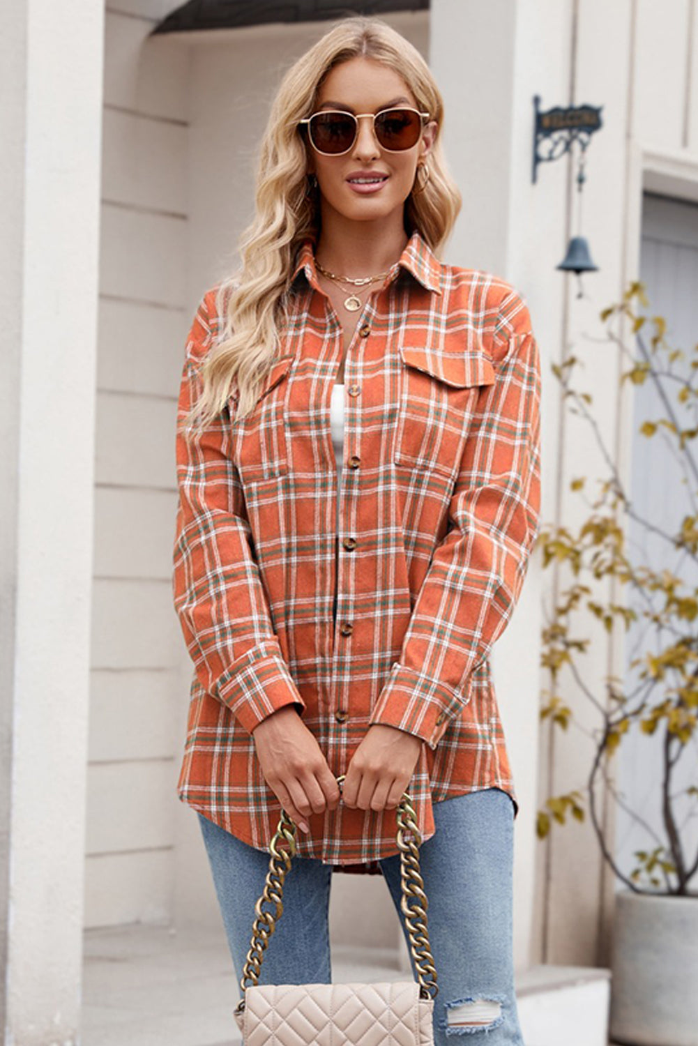 Green Plaid Chest Pocket Button Front Shirt-True and Wild