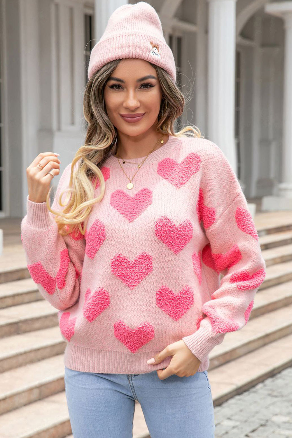 Light Pink Valentines Day Heart Jacquard Knit Sweater-True and Wild