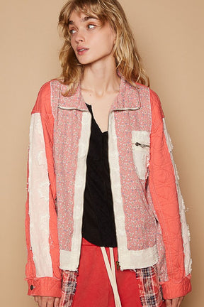 POL Floral Patchwork Zip Up Long Sleeve Jacket