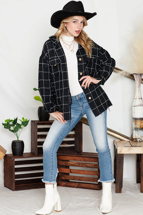 Black Plaid Button Up Shirt Shacket with Flap Pockets-True and Wild