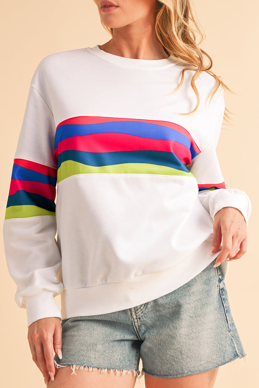 Green Colorful Striped Round Neck Long Sleeve Top