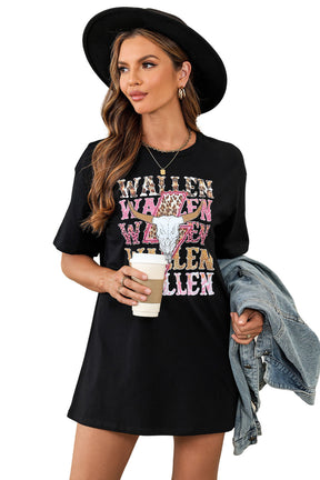 Black WALLEN Letter Print Animal Graphic Oversized Tee-True and Wild